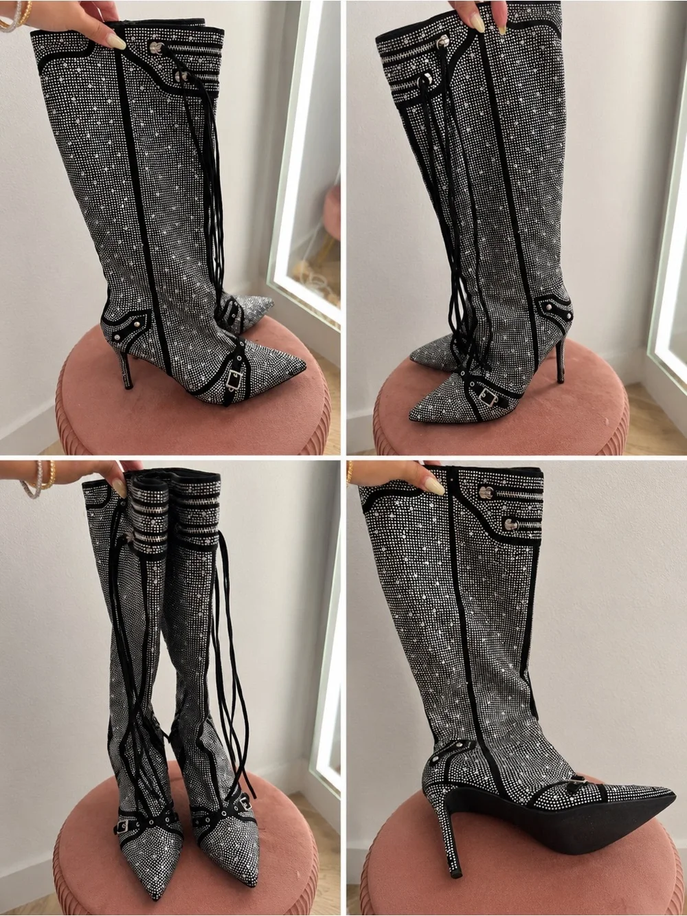 Women's Black Crystal-Embellished Knee Boot with Stiletto Heel